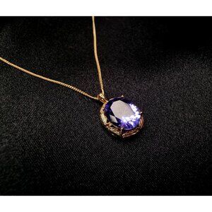 10K Solid Gold Amethyst Pendant Necklace Oval Cut With Rope Chain